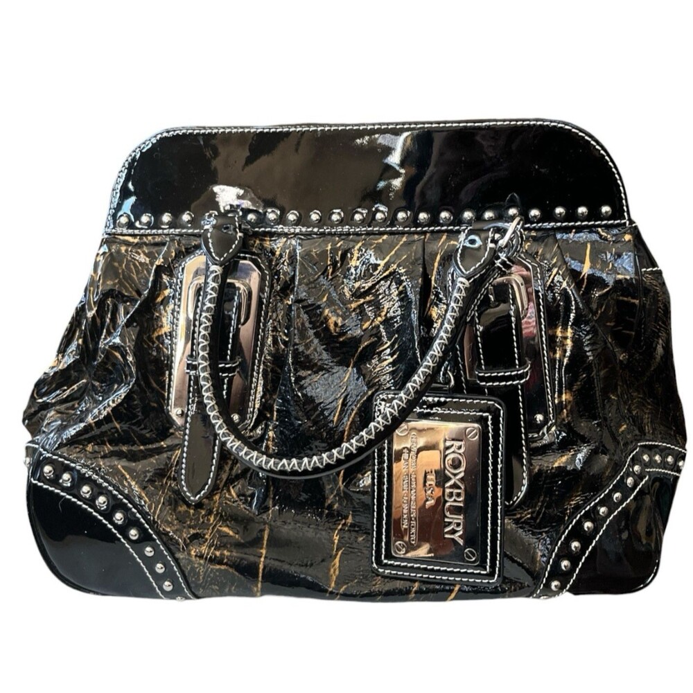 Roxbury Patent Satchel Purse Oversized Hangtag Marbled Black Expandable 14 x 12"